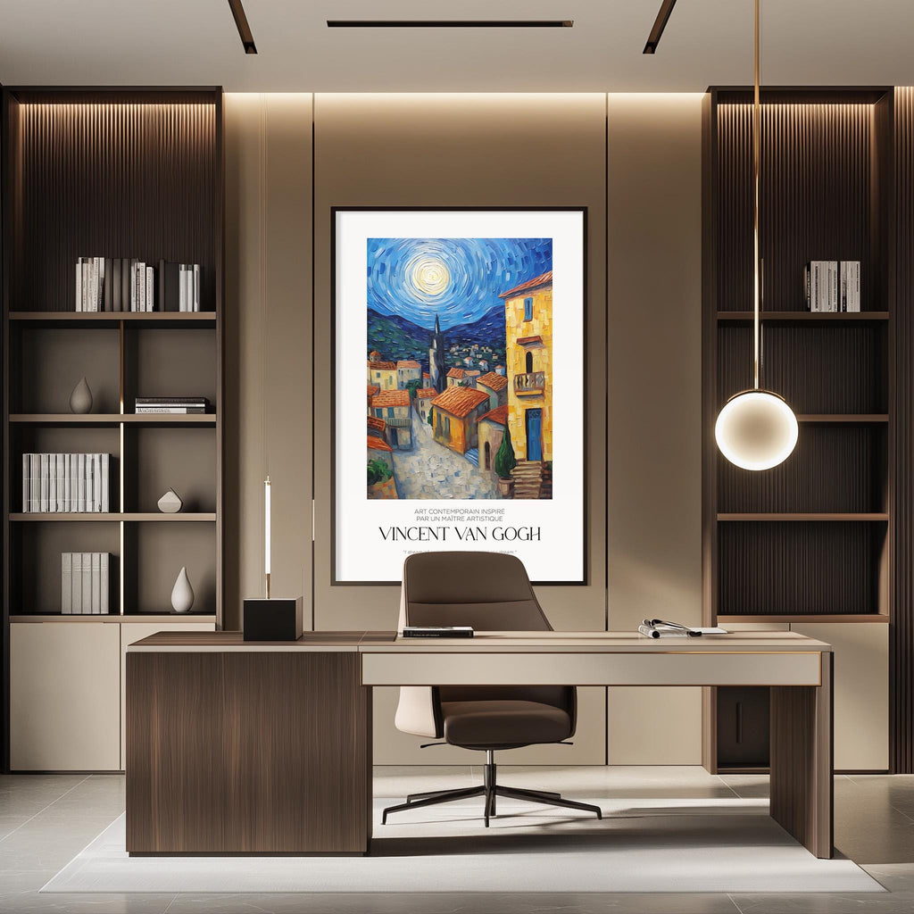 a modern office space with a large framed painting of a cityscape hanging on the wall above a desk with a chair.
