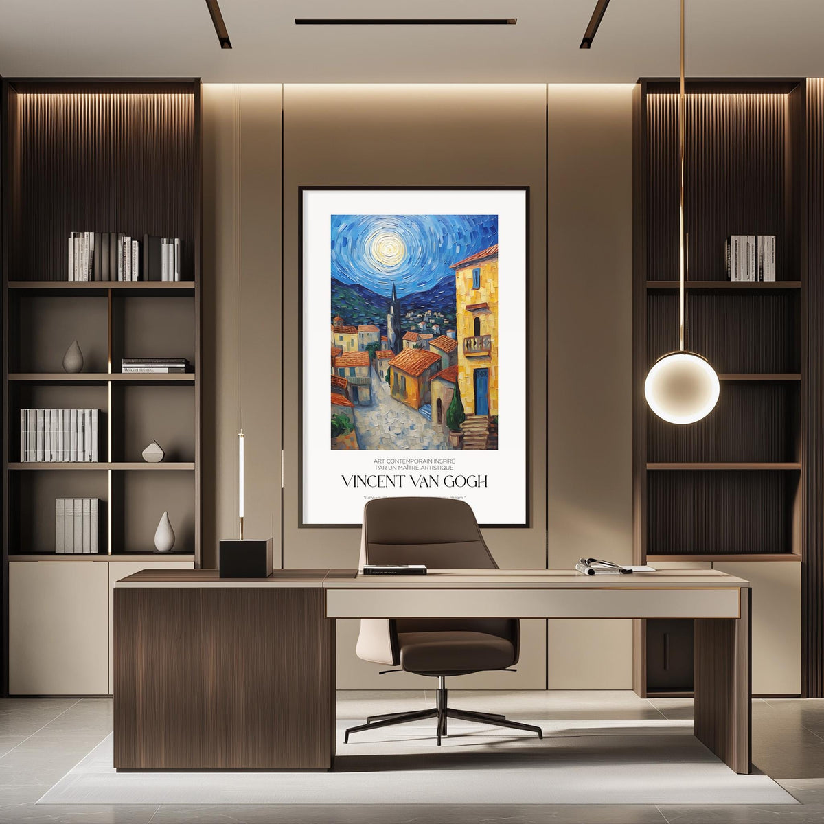 a modern office space with a large framed painting of a cityscape hanging on the wall above a desk with a chair.