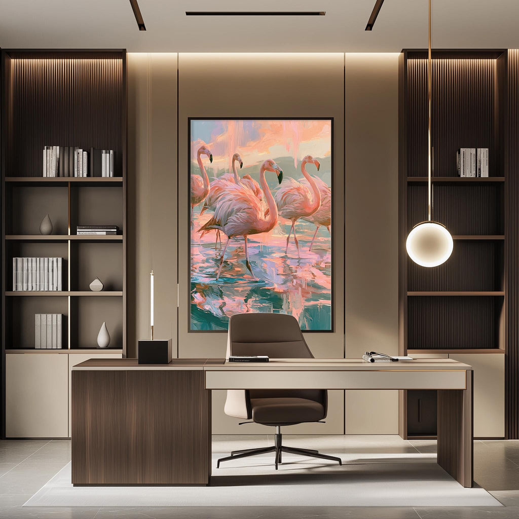a modern office space with a large painting of flamingos on the wall. The painting is a vibrant depiction of pink flamingos standing in a body of water, surrounded by a colorful sky. The office has a sleek and contemporary design, with a desk, chair, and shelving units. The overall atmosphere of the space is bright and inviting, with the flamingo painting adding a touch of nature and color to the room.