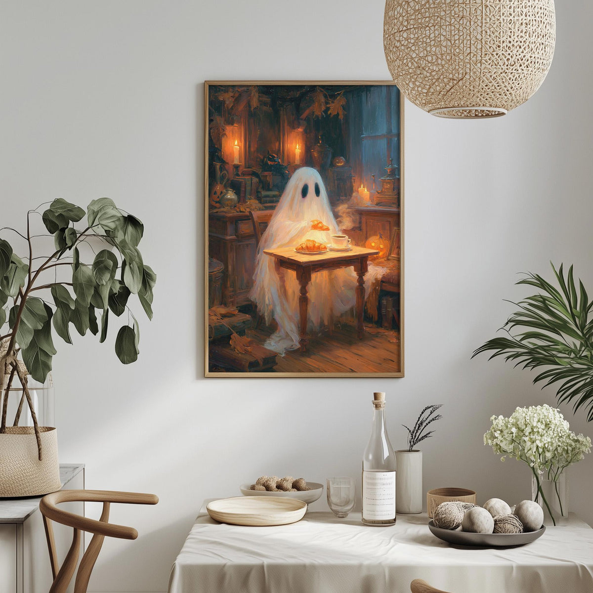 a painting of a ghost sitting at a table with a plate of food, surrounded by various decorative elements such as plants, vases, and bowls.