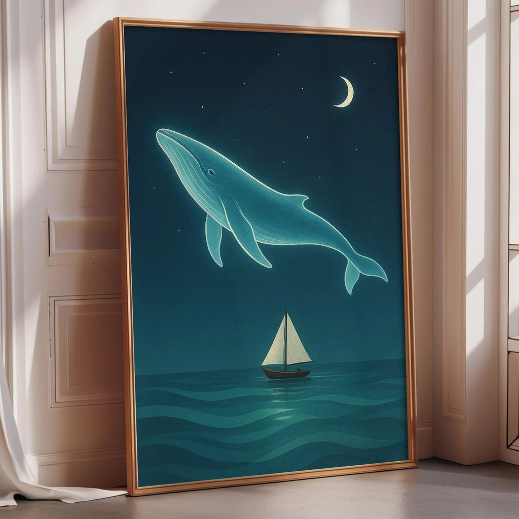 a large framed painting depicting a whale swimming in the ocean with a sailboat in the background, set against a night sky with a crescent moon.
