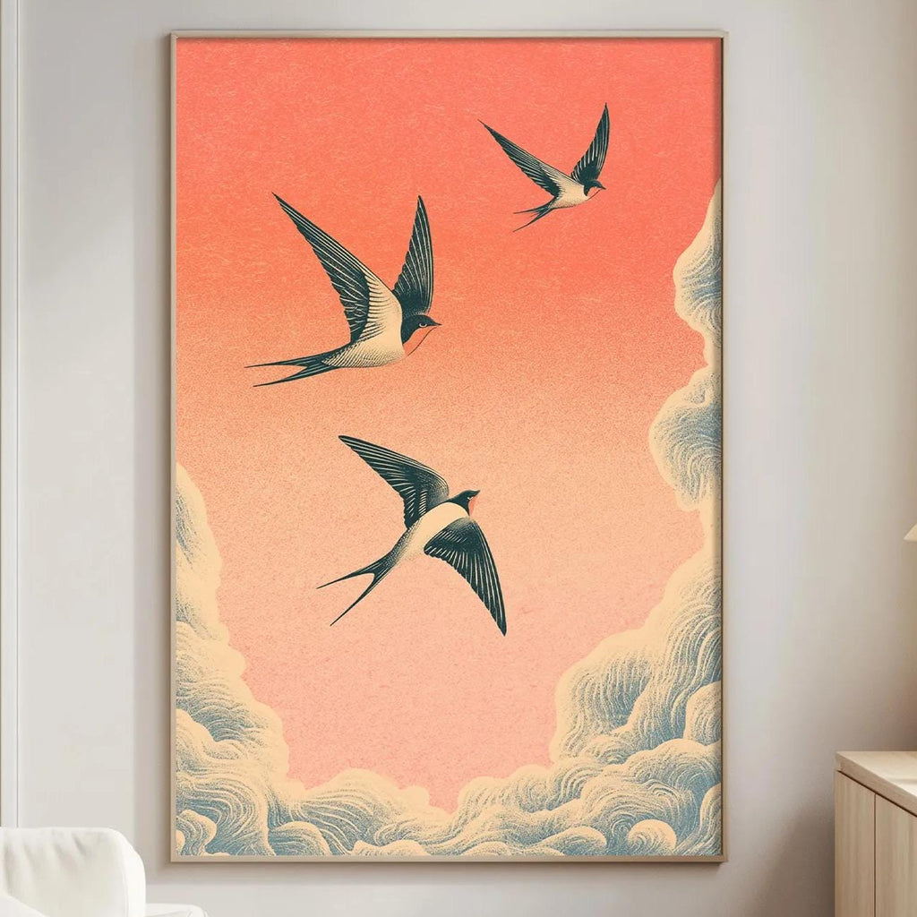 a living room with a large framed artwork depicting three birds flying in the sky, set against a gradient background of orange and blue.