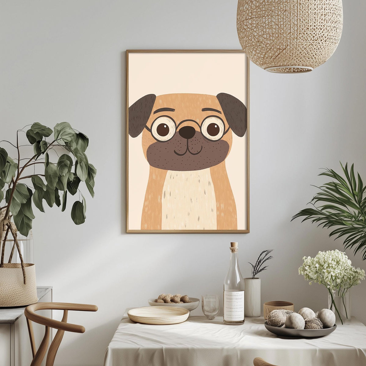 a cozy dining area with a framed picture of a cute pug dog hanging on the wall above a table set with plates, bowls, and a bottle.