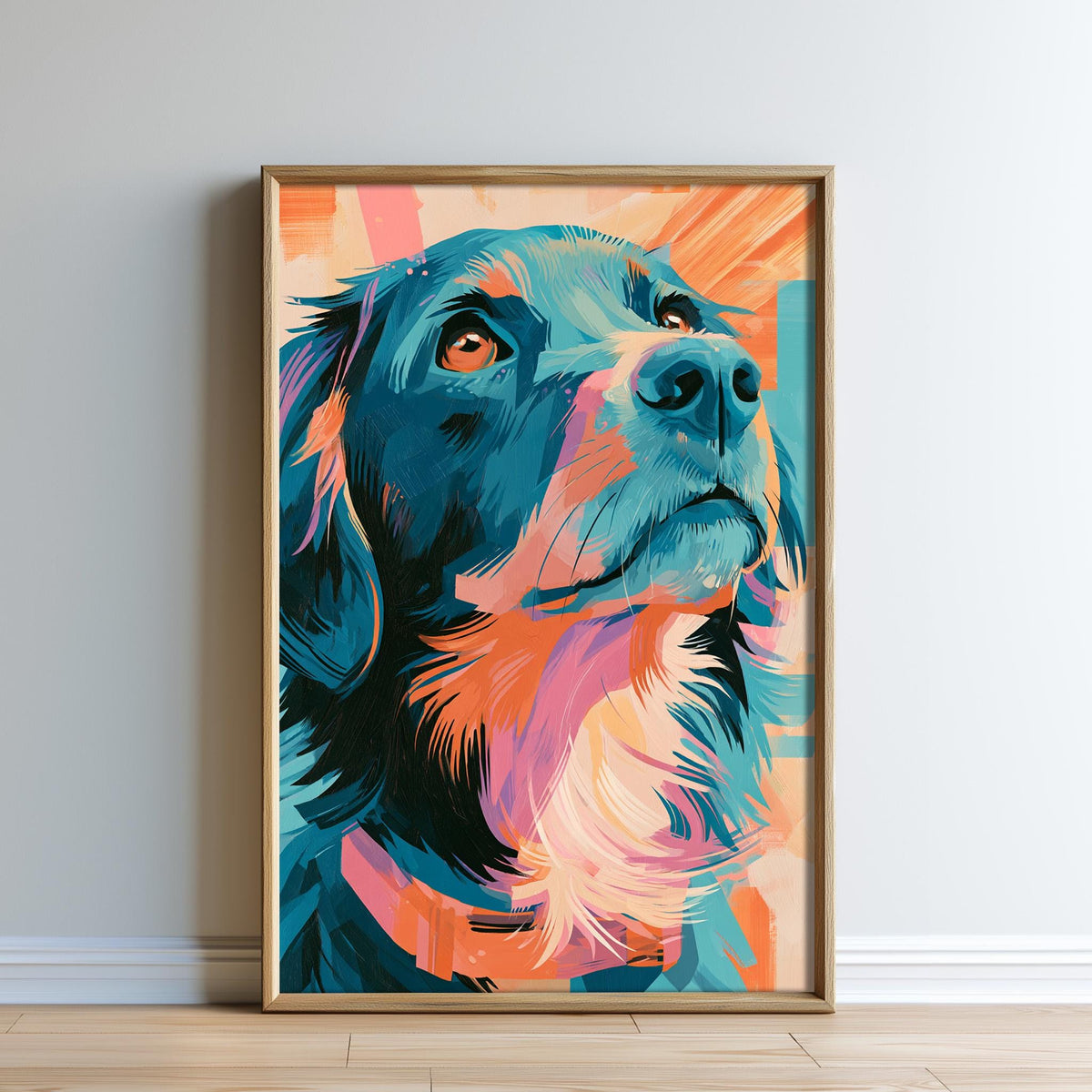 A framed painting of a dog's face in a vibrant, abstract style with bold colors and dynamic brushstrokes.