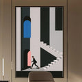 a modern and minimalist office space with a large wooden desk, a comfortable chair, and a striking abstract painting on the wall.