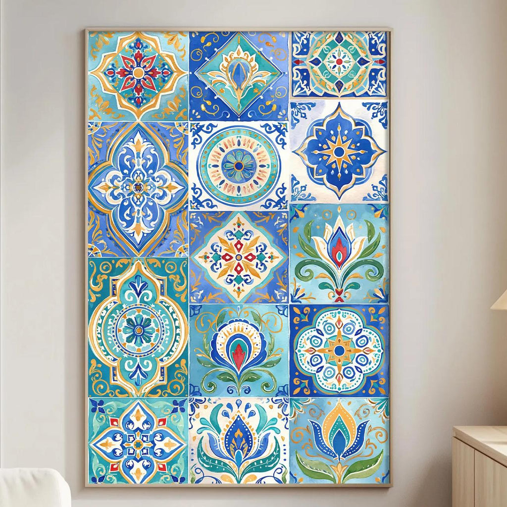 a large, colorful tile artwork displayed on a wall in a living room.