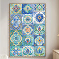 a large, colorful tile artwork displayed on a wall in a living room.