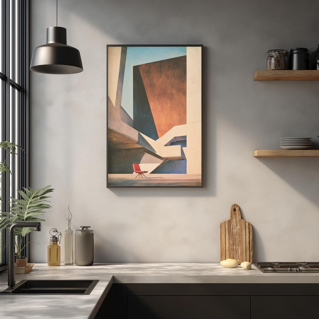 a modern kitchen with a large abstract painting hanging on the wall above a wooden cutting board and a sink.