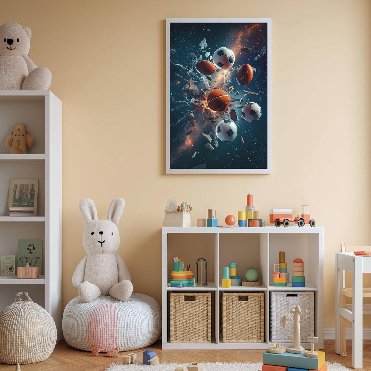 A child's bedroom with a white bookshelf, a stuffed rabbit, a toy train, and a framed artwork depicting a galaxy with various objects floating in it.