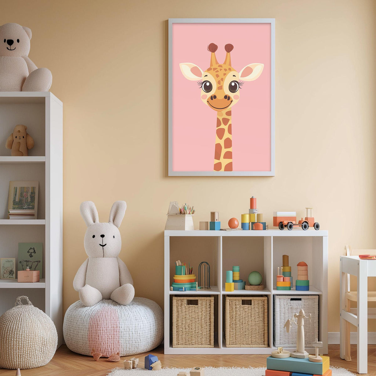 A child's bedroom with a pink giraffe poster on the wall, a white bookshelf filled with toys, and a white bean bag chair.