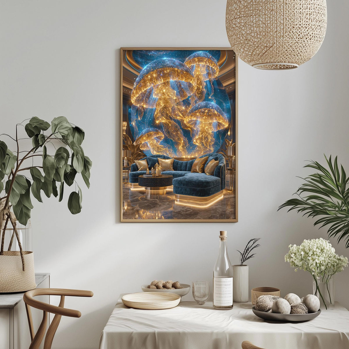 a luxurious living room with a large, ornate mushroom-shaped light fixture hanging from the ceiling, creating a striking focal point. The room is decorated with various plants, vases, and other decorative elements, creating a warm and inviting atmosphere.