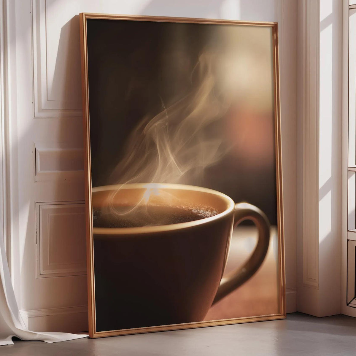 A framed image of a steaming cup of coffee, with a warm, inviting glow emanating from the beverage.