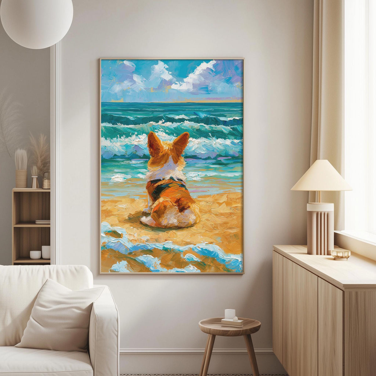 a large painting of a dog sitting on a beach, facing the ocean.