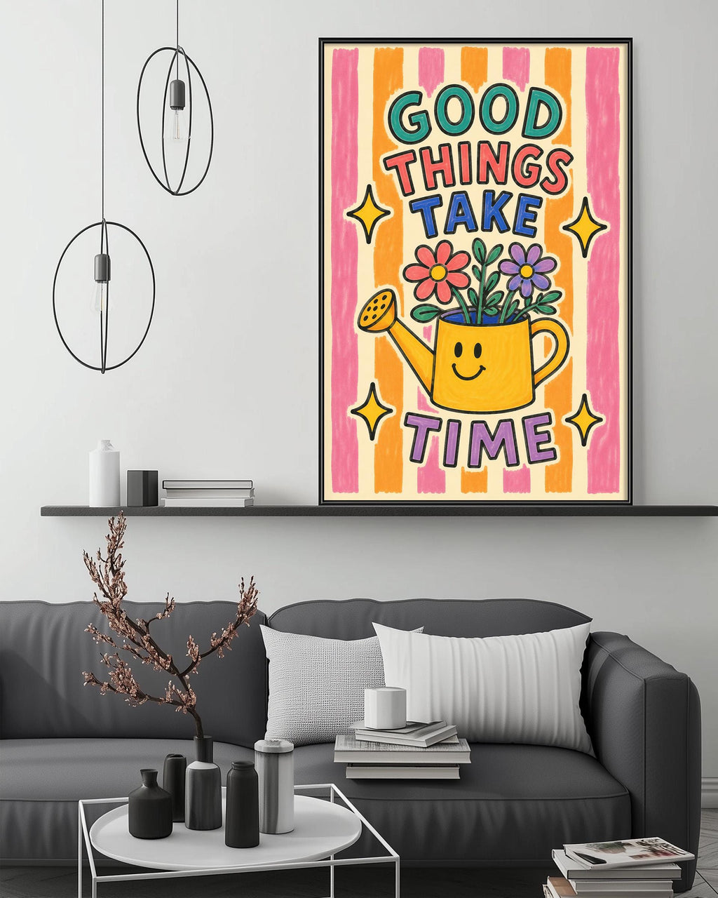 a cozy living room with a gray couch, a coffee table, and a framed poster with a cheerful message on the wall.