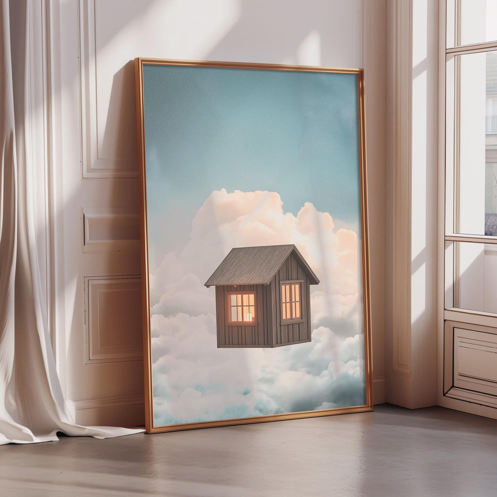 A large framed painting depicting a small wooden cabin floating in a cloud-filled sky.