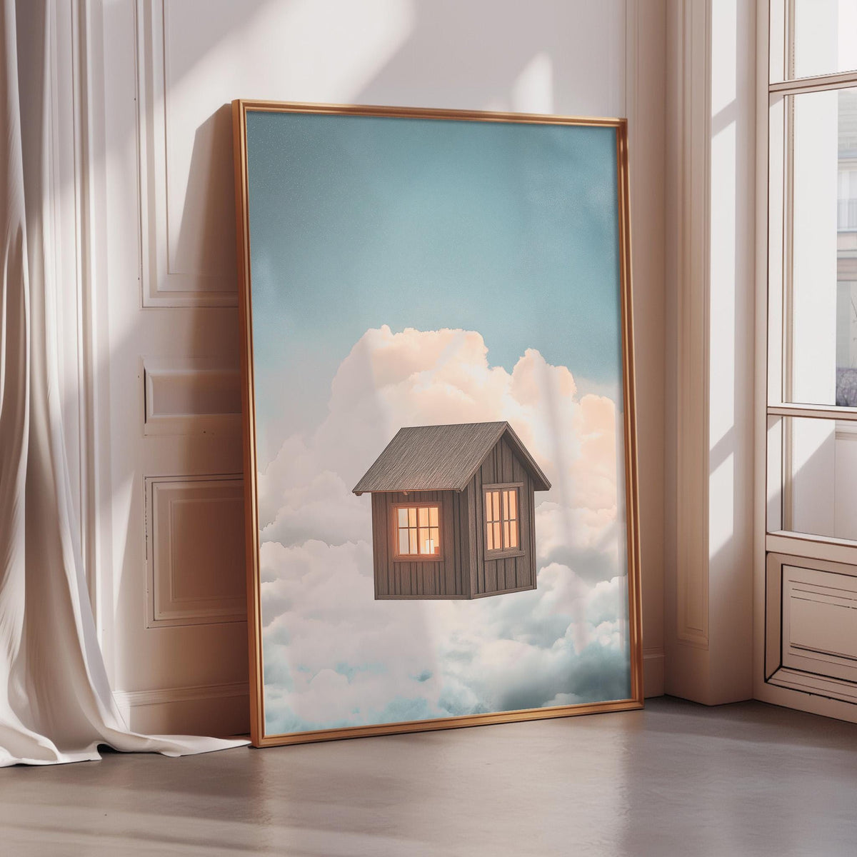 A large framed painting depicting a small wooden cabin floating in a cloud-filled sky.