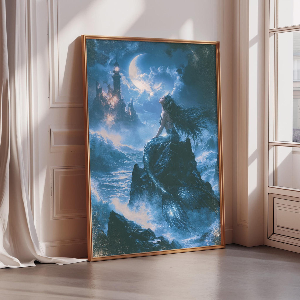 a large, framed painting depicting a mermaid sitting on a rock in a fantastical underwater landscape with a lighthouse in the background.