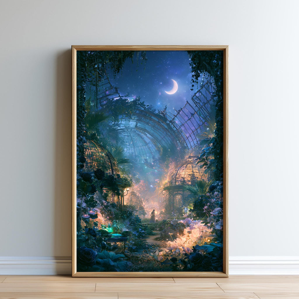 The image is a framed painting depicting a fantastical, surreal landscape with a crescent moon, a castle-like structure, and a garden-like setting.