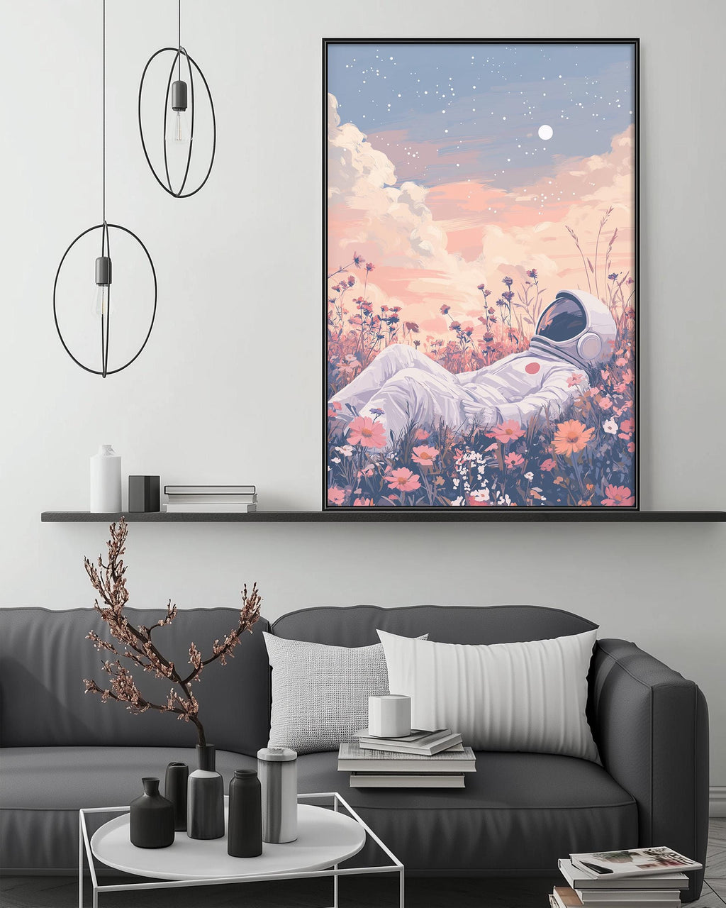 a large, colorful painting of an astronaut floating in a field of flowers, with a night sky and stars in the background.