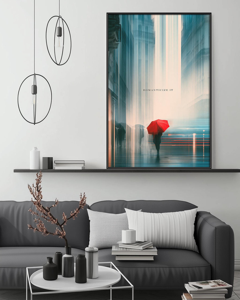 a modern living room with a gray sofa, a coffee table, and a large framed artwork depicting a person holding a red umbrella in front of a cityscape.