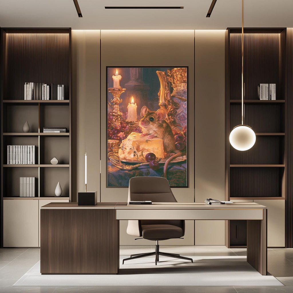 a modern and stylish office space with a large painting of a cat and a table with a lamp. The room has a minimalist design with wooden furniture and a neutral color palette.