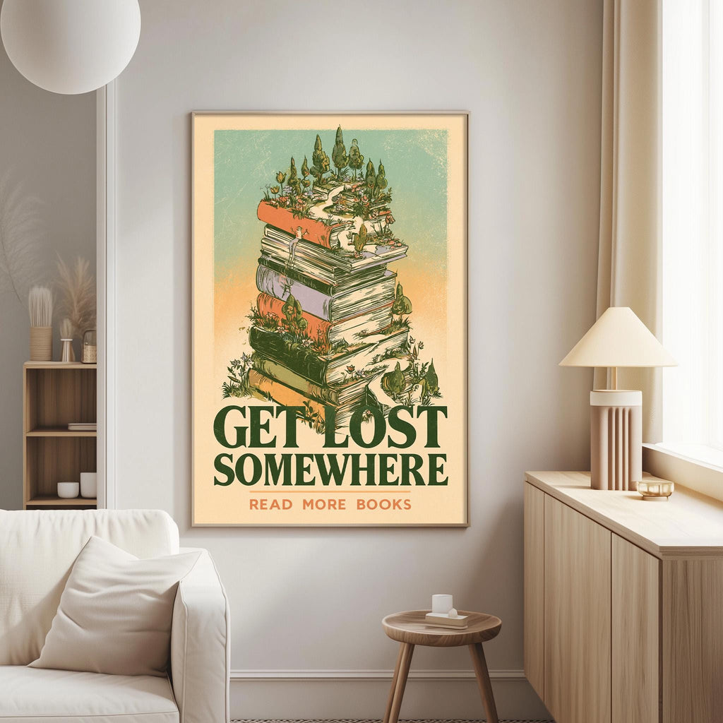 a poster with a stack of books on top of a mountain, surrounded by trees and plants, with the text "GET LOST SOMEWHERE READ MORE BOOKS" displayed below.
