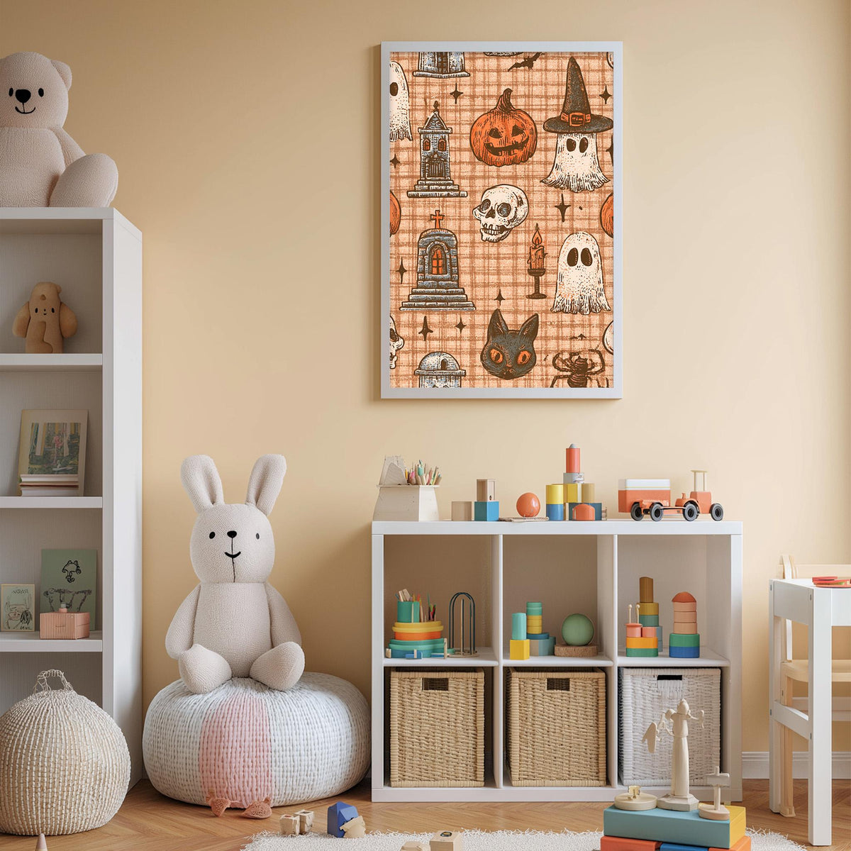 A cozy and colorful children's bedroom with a white bookshelf, a plush bunny, and a toy train set. The walls are painted a light peach color, and there is a Halloween-themed poster on the wall.