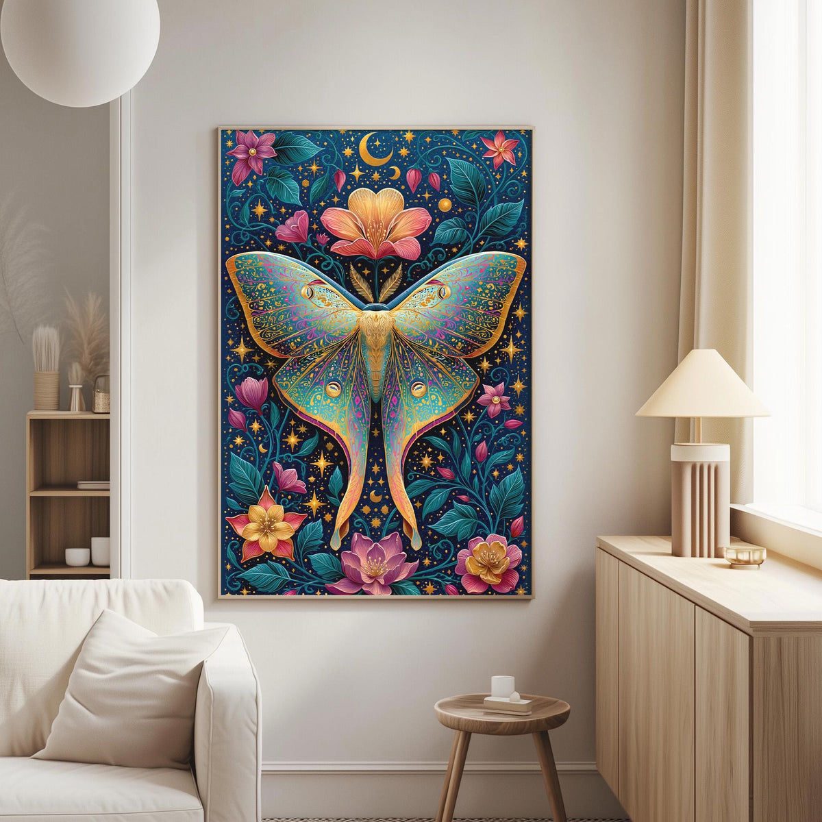 a large, colorful painting of a butterfly with intricate floral designs and a crescent moon in the background, hanging on a wall in a living room.