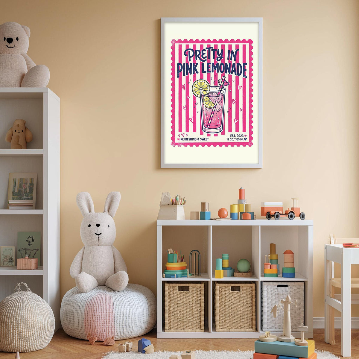 A child's bedroom with a white bookshelf, a stuffed rabbit, and a colorful poster of a pink lemonade drink hanging on the wall.