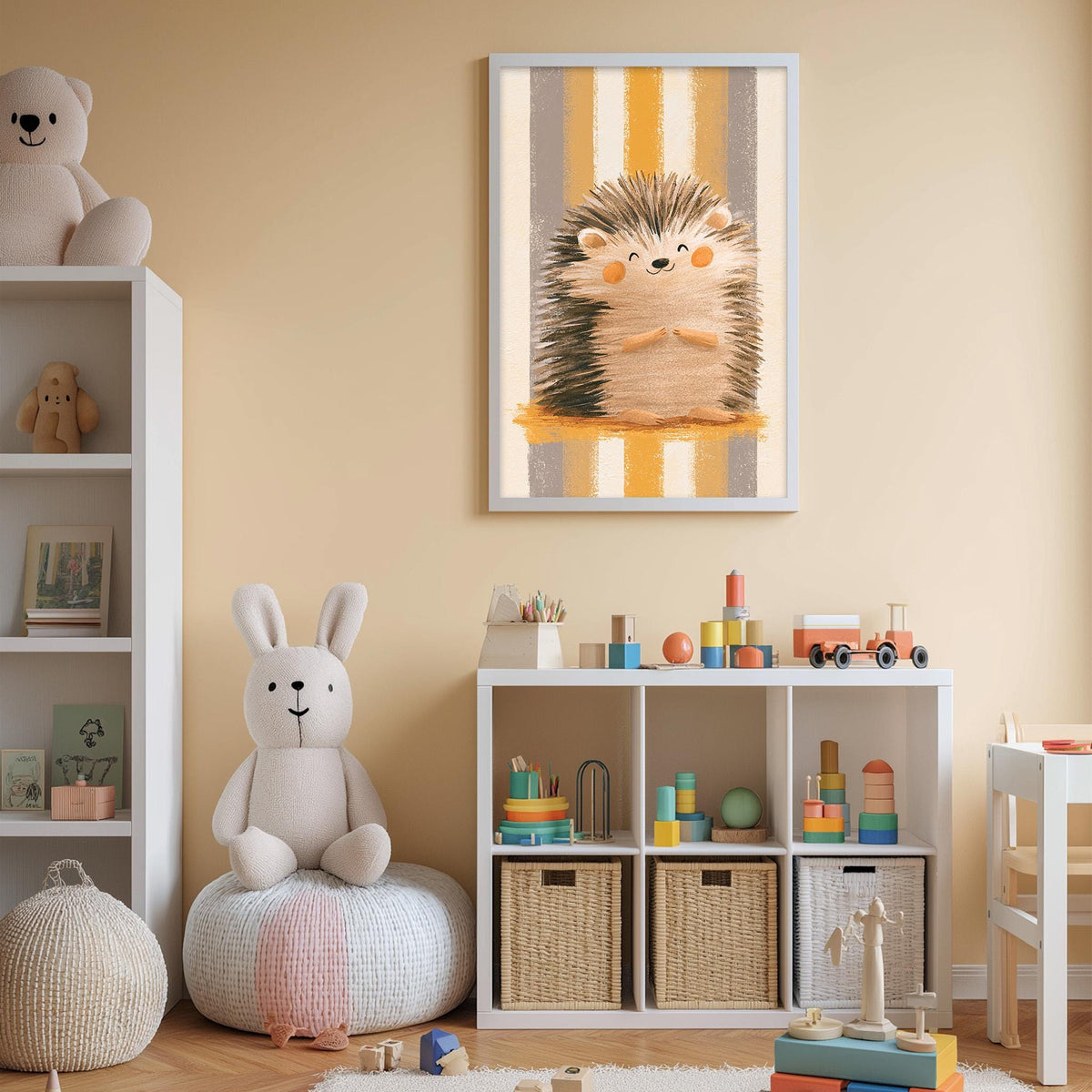 A cozy children's room with a white bookshelf, a plush rabbit, and a framed picture of a hedgehog. The room also contains various toys and storage bins, creating a warm and inviting atmosphere.