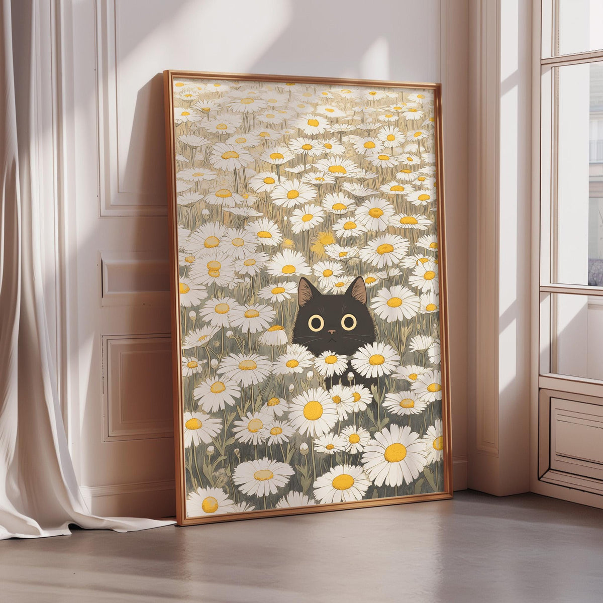 A framed illustration of a black cat peeking out from a field of white daisies.