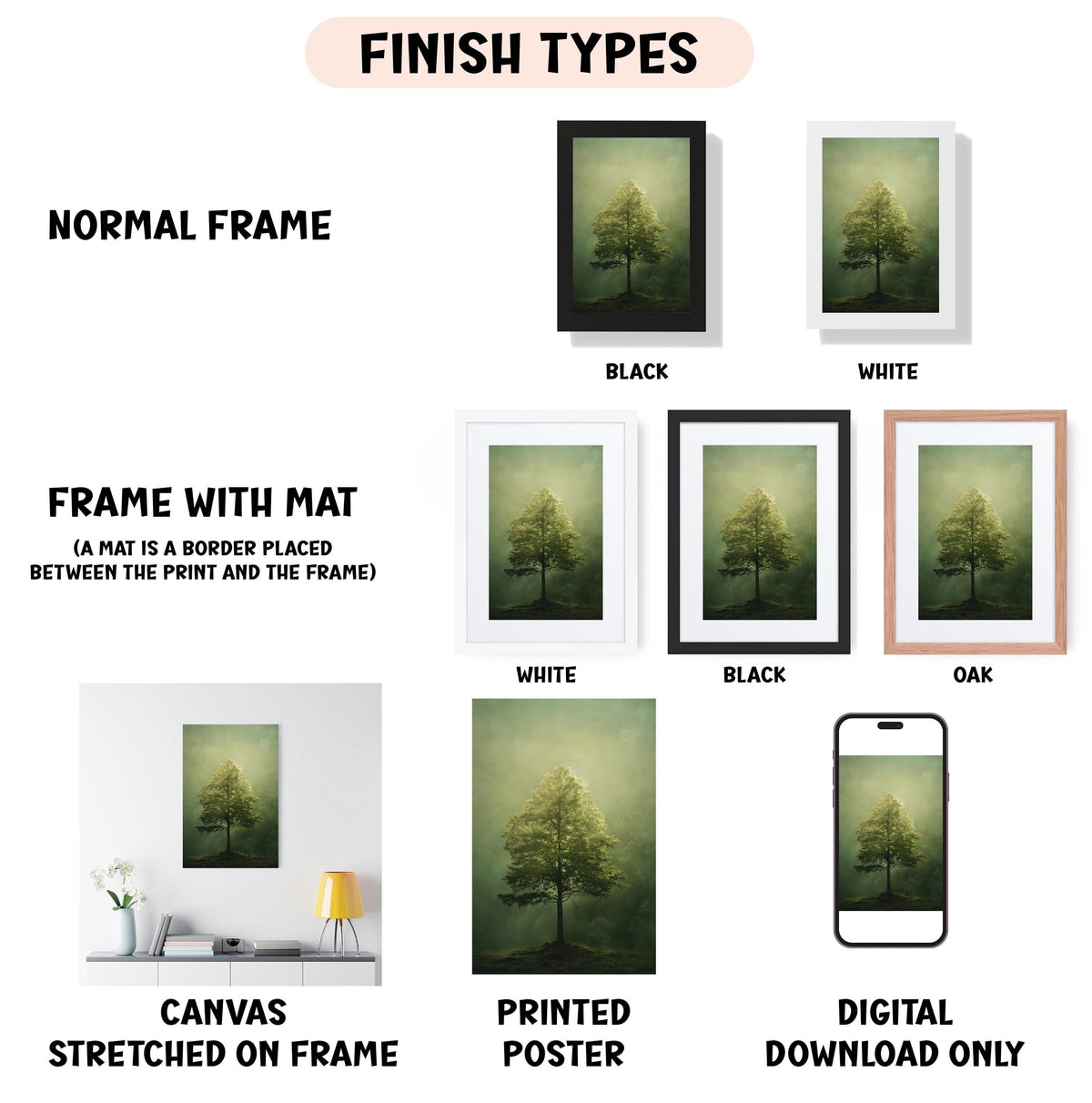various types of artwork, including a normal frame, a frame with a mat, a white frame, a black frame, an oak frame, a white canvas stretched on a frame, a printed poster, and a digital download only.