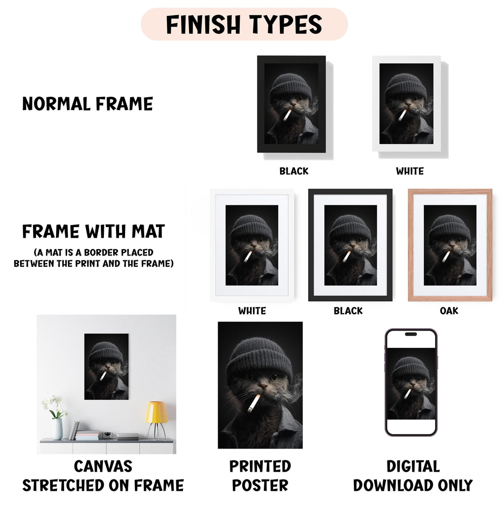 various types of framed artwork, including a canvas stretched on a frame, a framed poster, and a digital poster. The artwork is presented in different frame colors and styles, such as a normal frame, a black frame, a white frame, and an oak frame. The artwork is also described as a canvas stretched on a frame, a printed poster, and a digital download only.