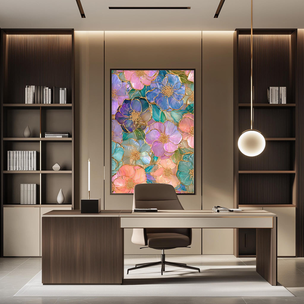 a modern and well-lit office space with a large, colorful painting of flowers on the wall behind a desk. The desk has a chair and a lamp, creating a comfortable and functional workspace.