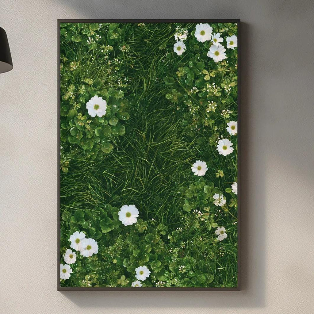 a kitchen counter with a framed picture of white flowers on a green background hanging above it. The counter has various kitchen items, such as a cutting board, a soap dispenser, and a bottle.