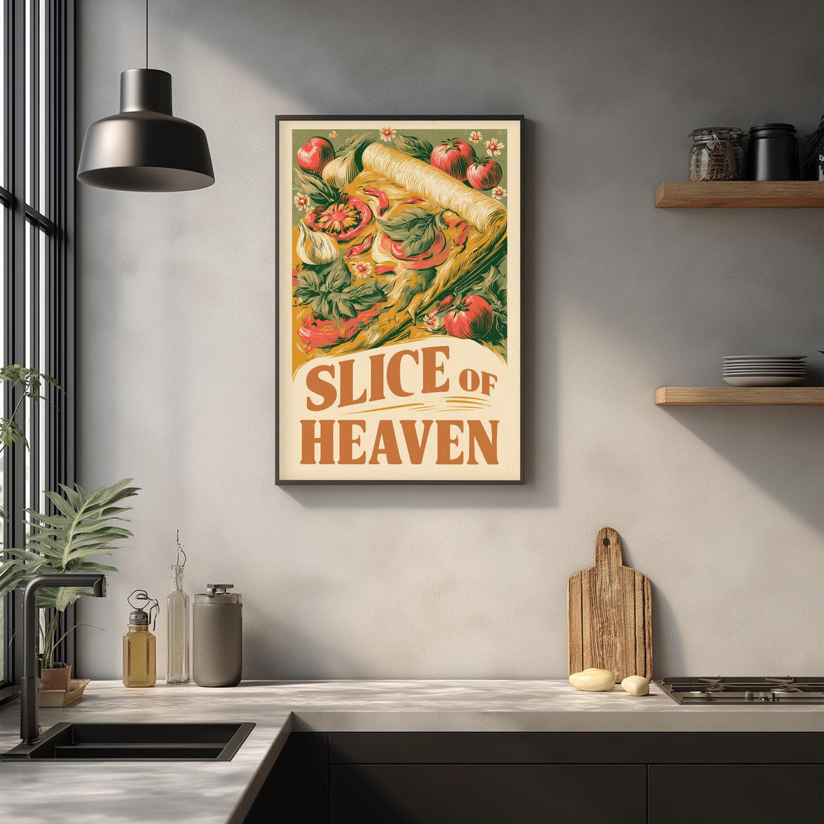 a kitchen counter with a framed poster of a slice of pizza hanging above it, along with various kitchen items such as a cutting board, a bottle, and a bowl.