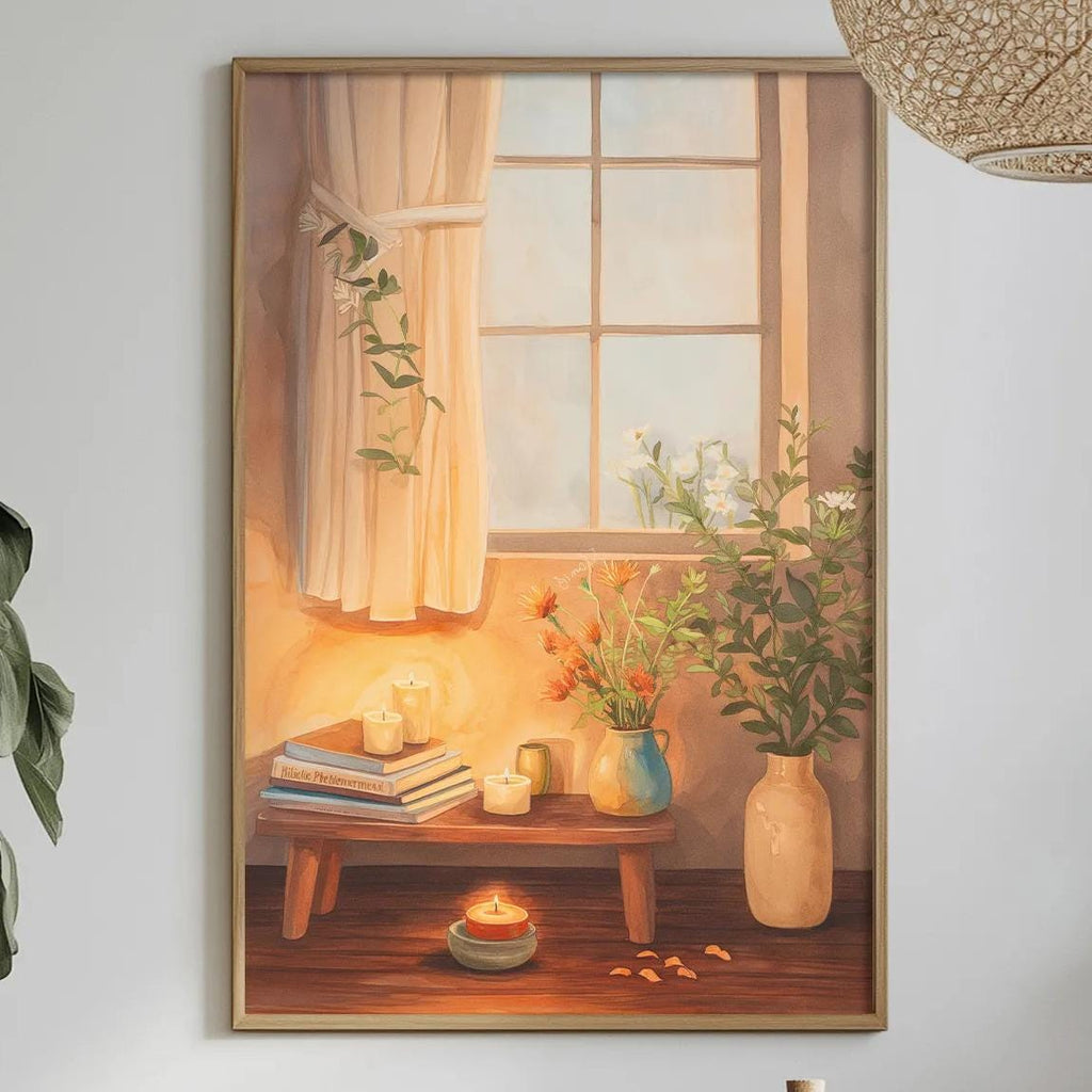 a cozy and inviting living space with a painting of a window overlooking a table set with various items, including a vase of flowers, a candle, and a bowl of fruit. The room is decorated with potted plants, a hanging light fixture, and a dining table with a white tablecloth.