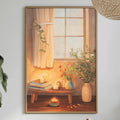 a cozy and inviting living space with a painting of a window overlooking a table set with various items, including a vase of flowers, a candle, and a bowl of fruit. The room is decorated with potted plants, a hanging light fixture, and a dining table with a white tablecloth.