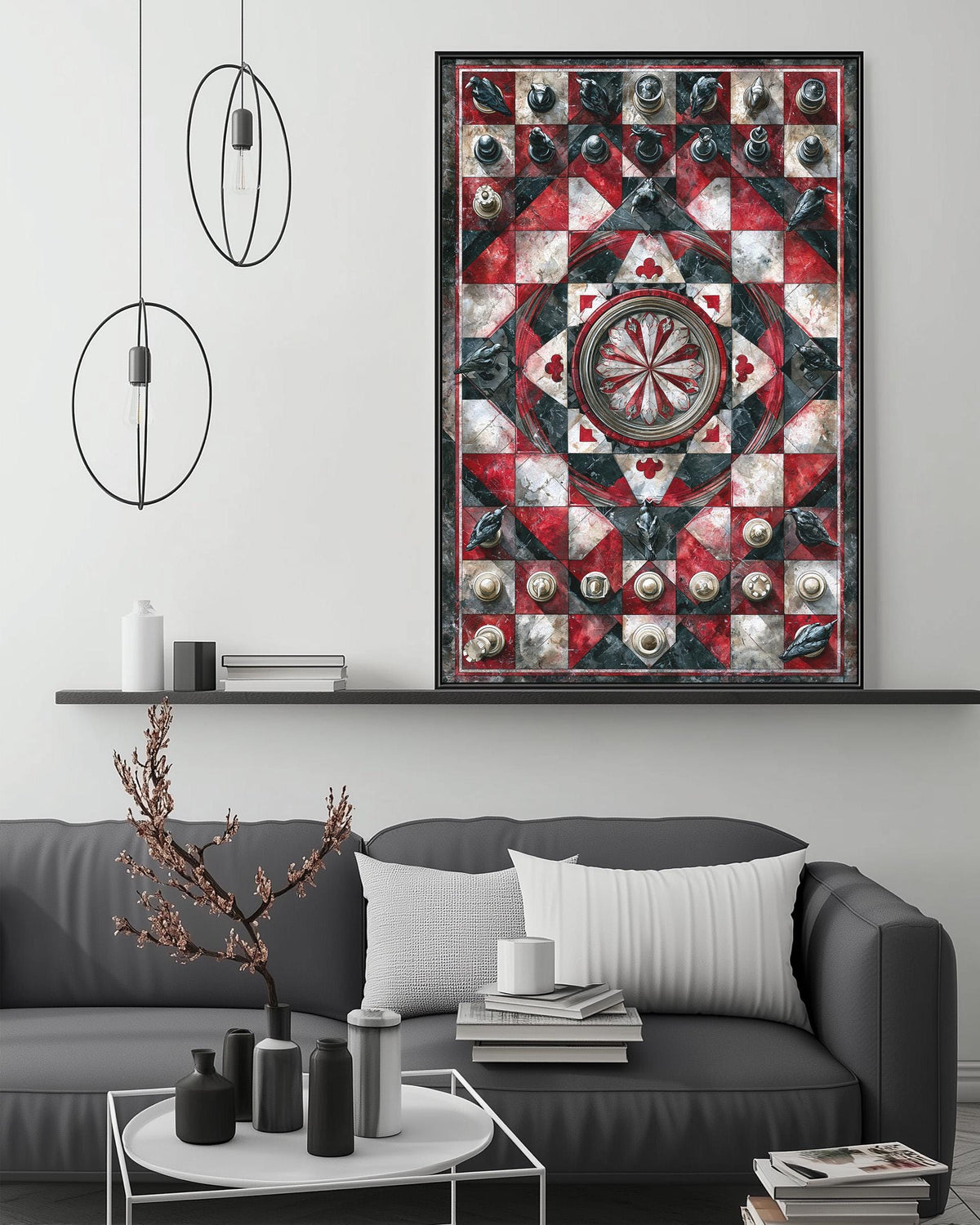 a modern living room with a gray sofa, a coffee table, and a large framed artwork depicting a red and black checkered pattern with a central design.
