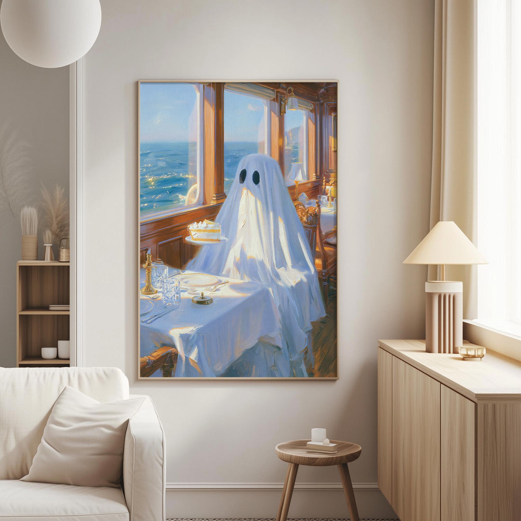 a ghost sitting at a table with a cake, a candle, and a plate, with a window overlooking the ocean in the background.
