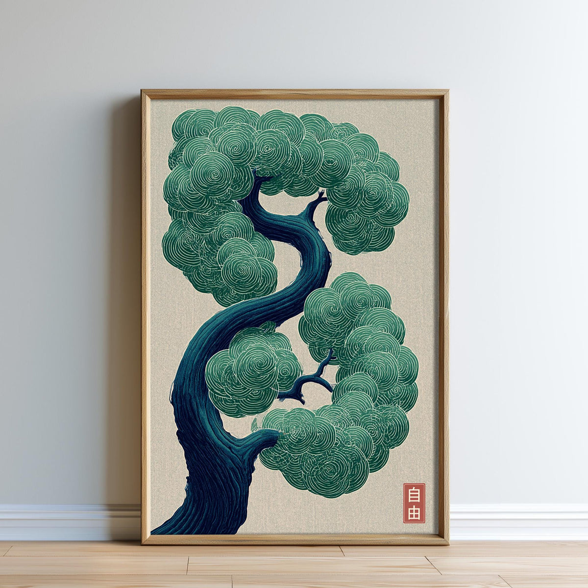 a framed artwork depicting a stylized tree with intricate, swirling patterns in shades of green and blue.