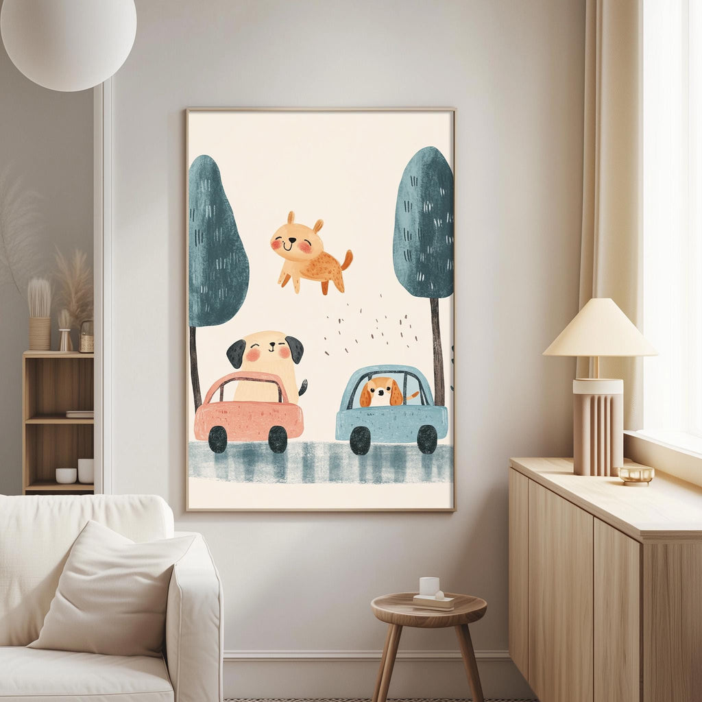 a cozy living room with a white sofa, a wooden side table, and a framed illustration of two dogs riding in a car.
