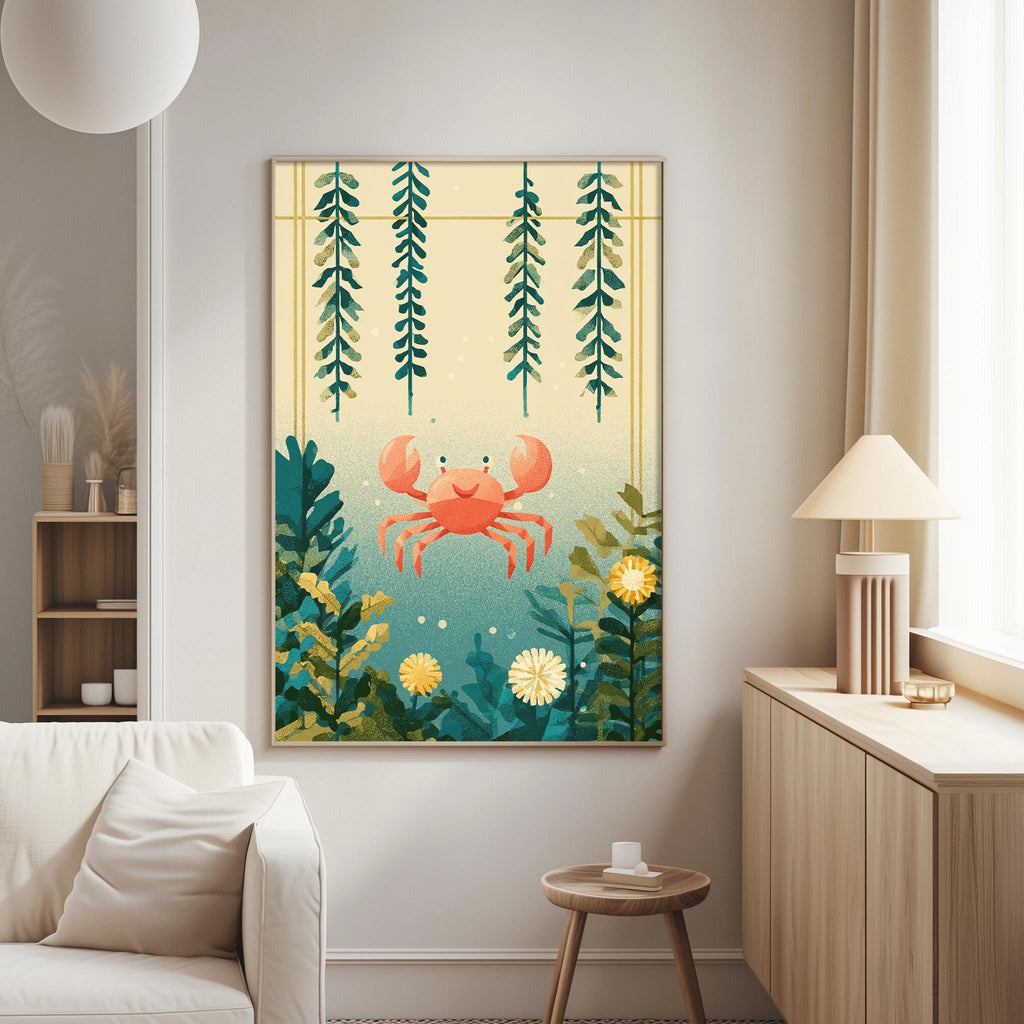 a living room with a large framed picture of a crab surrounded by a lush underwater scene, including plants, flowers, and a window.