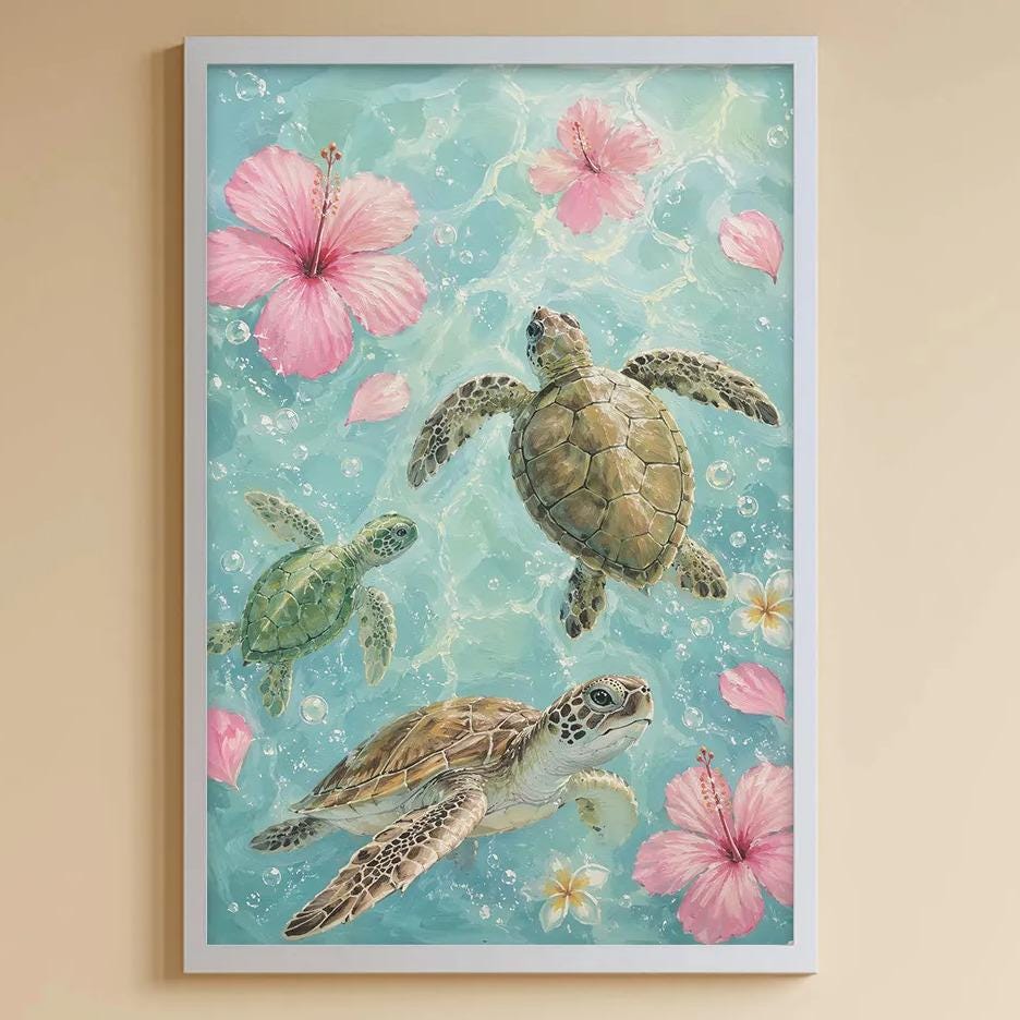 A child's bedroom with a white bookshelf, a stuffed rabbit, a toy train, and a framed painting of sea turtles swimming in the ocean.