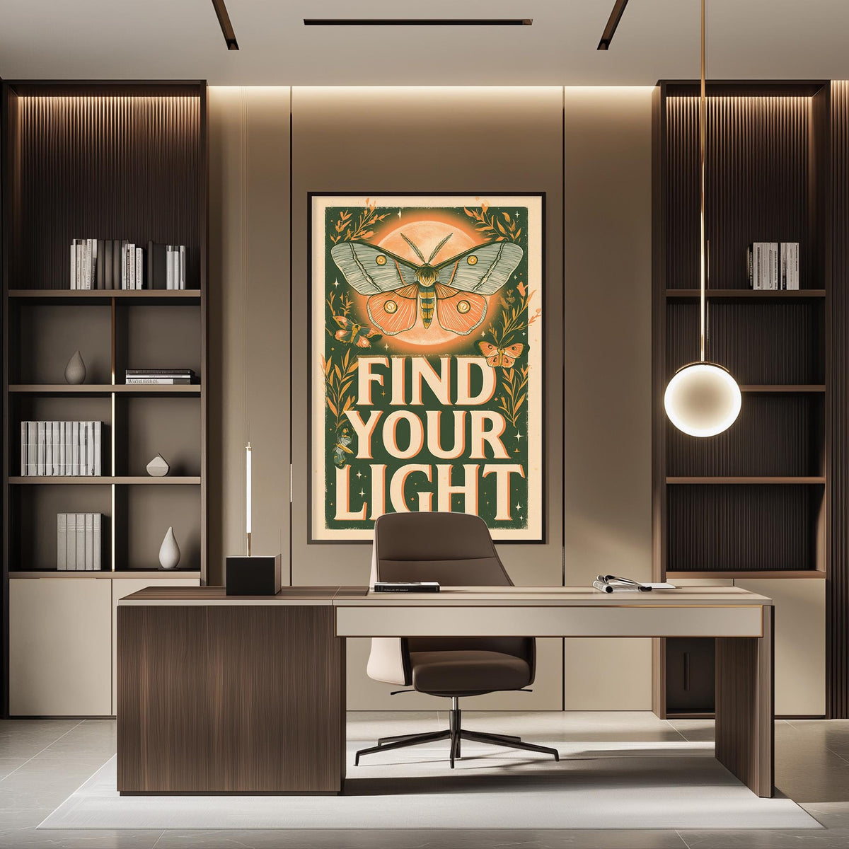 a modern office space with a large poster on the wall that reads "Find Your Light". The office has a wooden desk, a chair, and a bookshelf. The overall design and decor of the space create a professional and comfortable atmosphere.