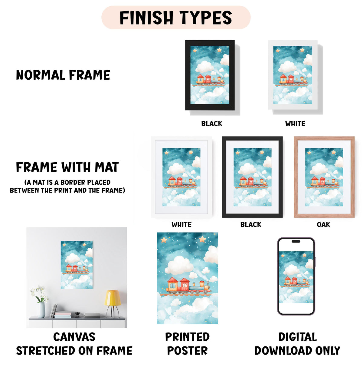 a bunch of frames with a picture of a train on them