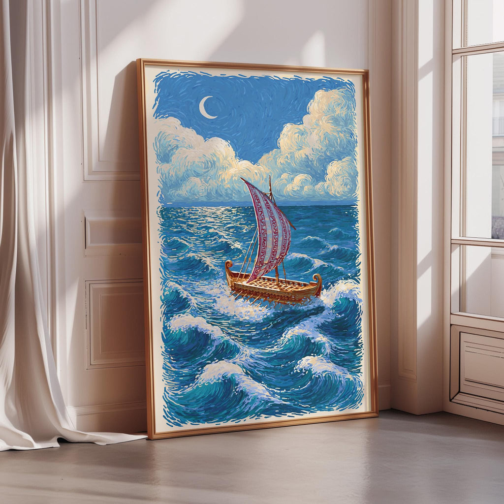 A framed painting depicting a sailboat on a blue ocean with a crescent moon in the sky.