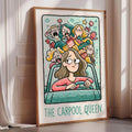 The image is a framed illustration depicting a woman in a car surrounded by various cartoon characters, with the text "The Carpool Queen" below the illustration.