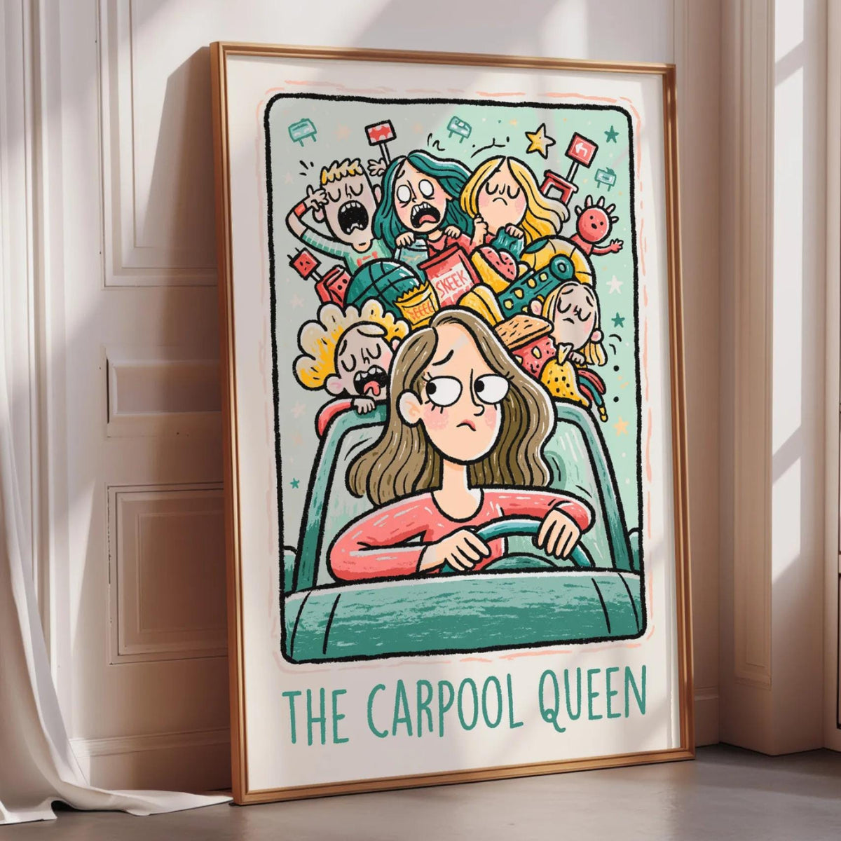 The image is a framed illustration depicting a woman in a car surrounded by various cartoon characters, with the text "The Carpool Queen" below the illustration.