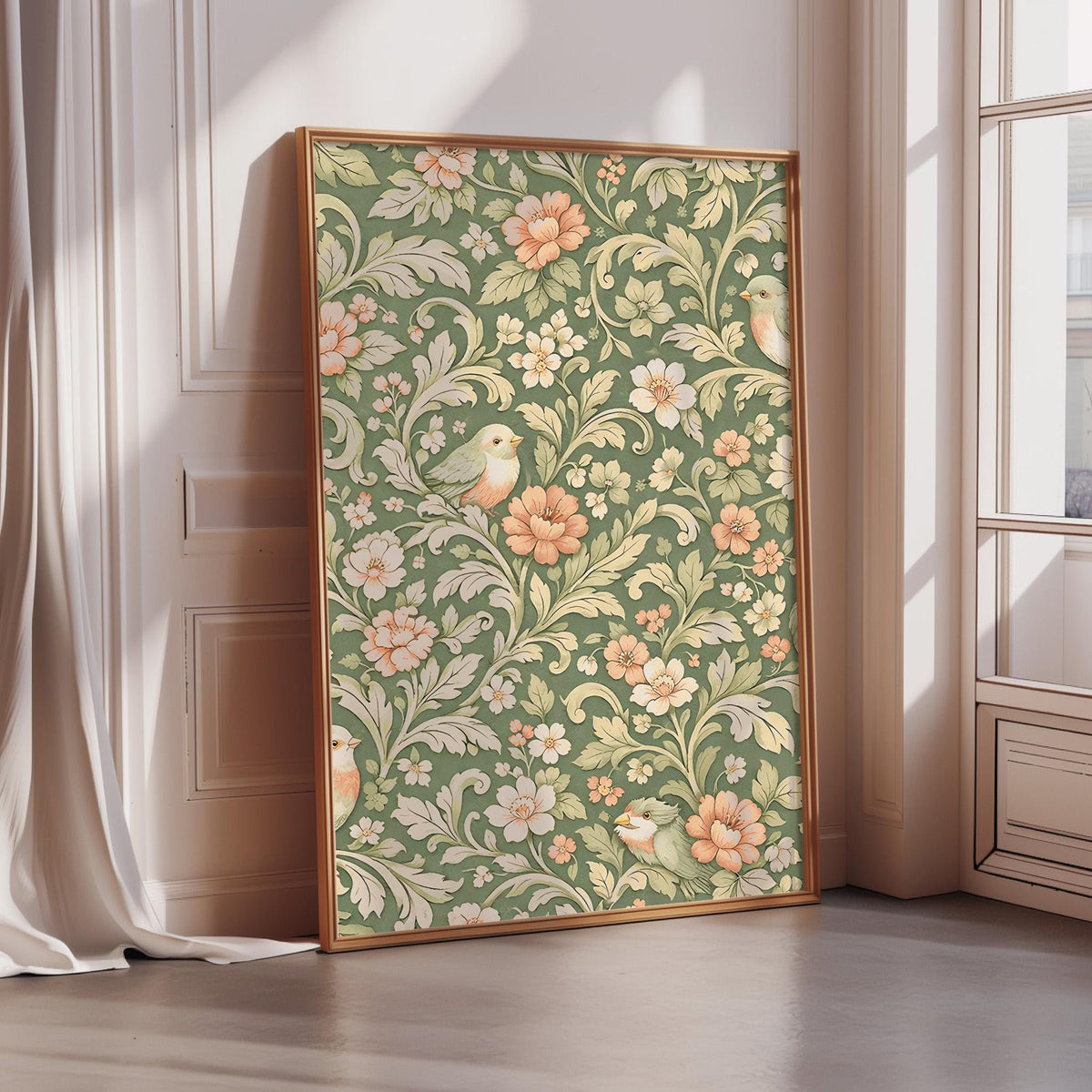 a large framed picture with a floral pattern on the wall, placed in a corner of a room with a window.